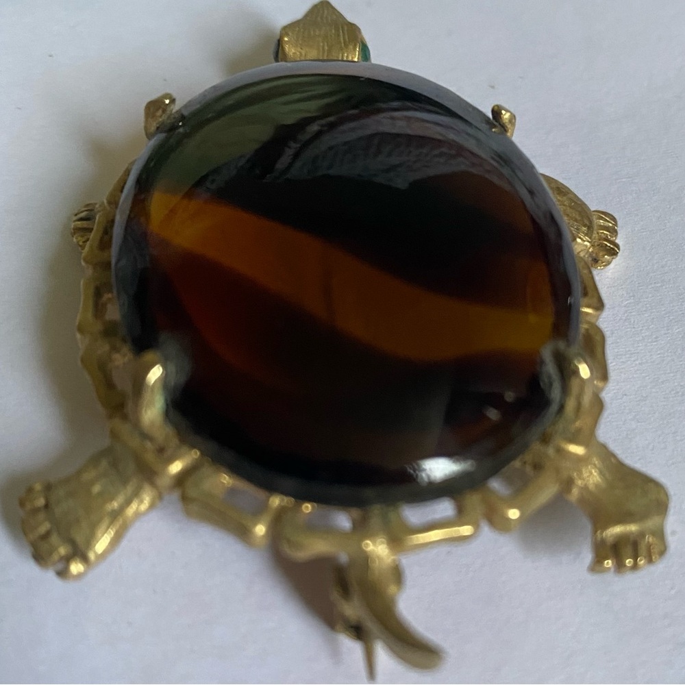 Vintage Brooch: High Quality Amber, Green-Stone & Gold Turtle - Picture 7 of 8